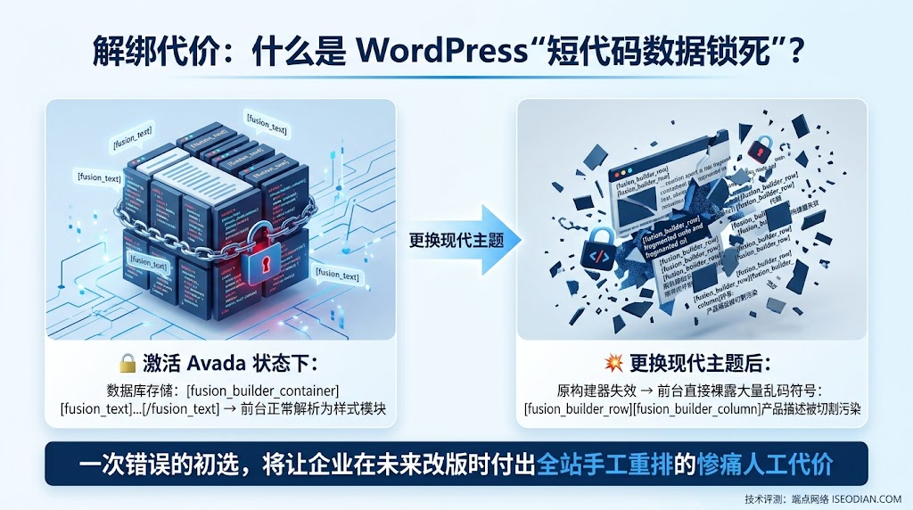 使用 Avada Fusion Builder 产生的私有短代码在更换主题后导致前台乱码的数据锁死示意图