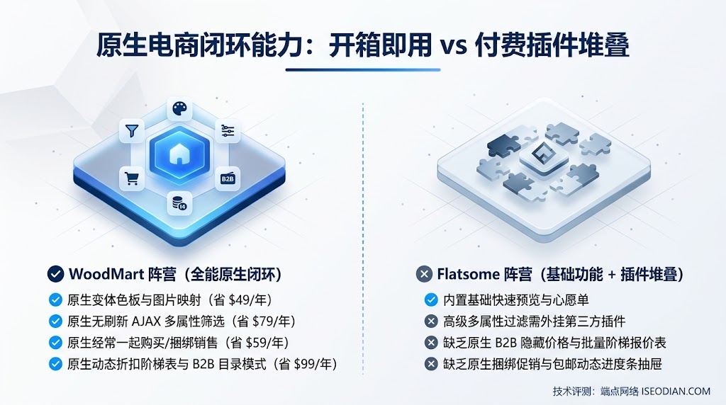 WoodMart 与 Flatsome 原生内置 WooCommerce 跨境电商功能与插件节省成本对比矩阵图