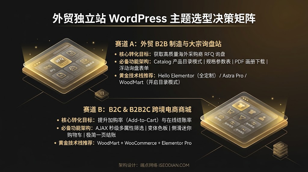 外贸B2B工厂询盘站与B2C跨境电商独立站WordPress主题选型对比矩阵