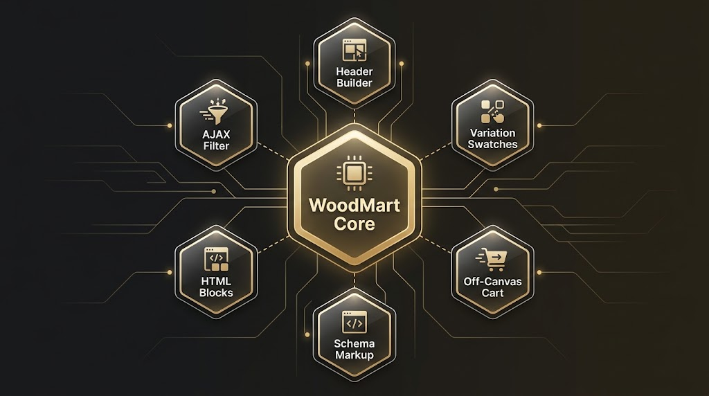 WoodMart 原生集成的变体色板、AJAX 侧边栏筛选、划出式购物车与头部构建器功能全景图