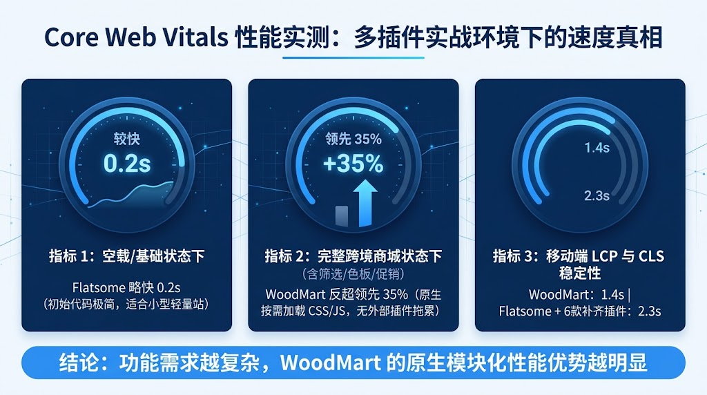 WoodMart 与 Flatsome 在 LCP 首屏加载、DOM 节点数量及按需加载机制上的谷歌 SEO 性能实测数据图