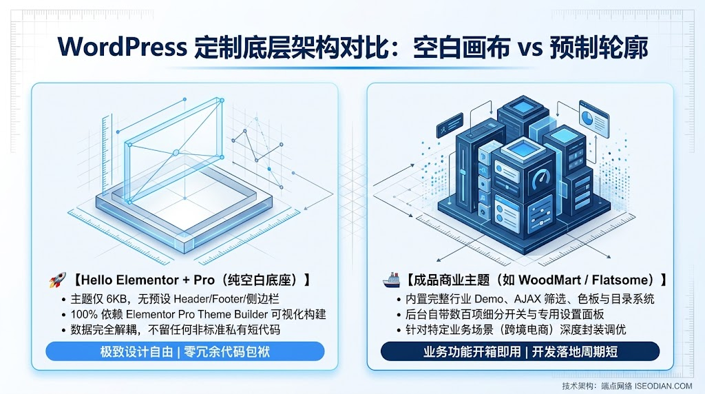Hello Elementor 空白画布纯定制架构与成品商业多功能主题底层逻辑对比图