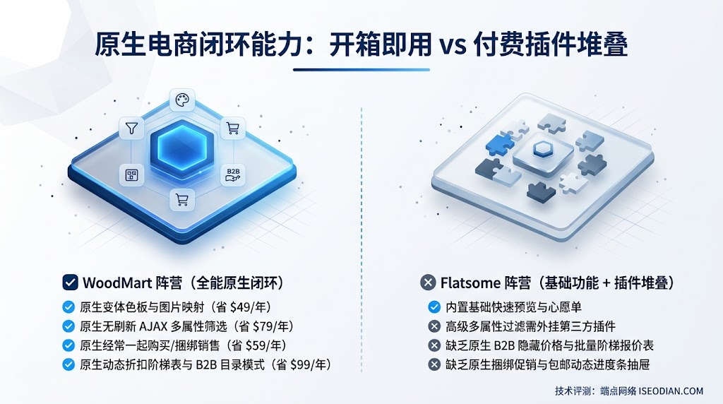 WoodMart 开放式 Elementor Pro 构建生态与 Flatsome 私有 UX Builder 短代码锁死机制的技术架构对比图