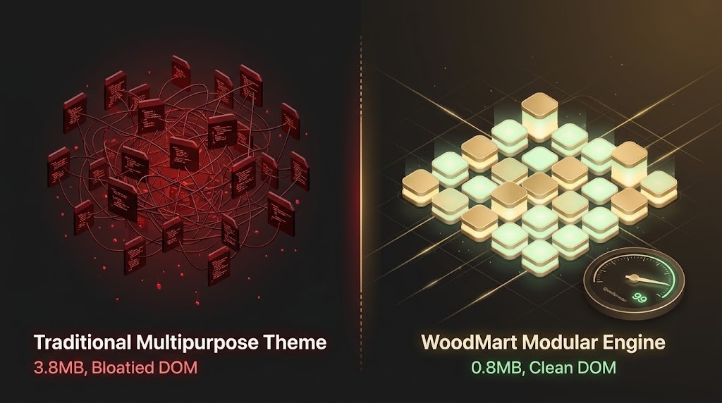 WoodMart 主题模块化按需加载机制与传统臃肿 WordPress 主题的 DOM 树及 CSS/JS 请求体积对比