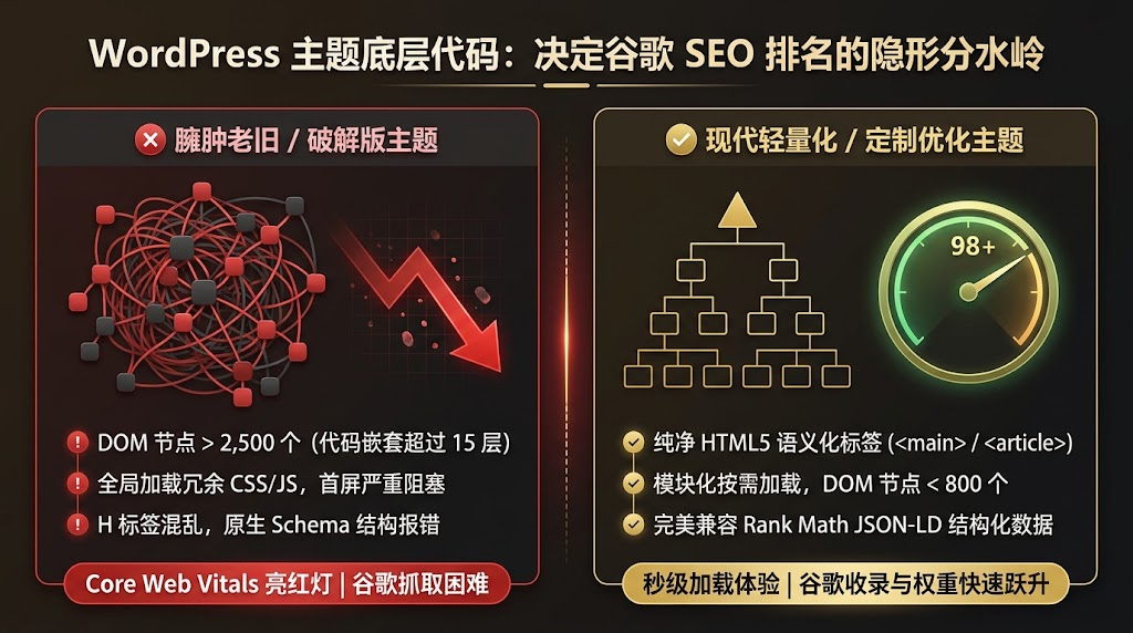WordPress主题底层代码结构对谷歌SEO排名与Core Web Vitals的影响对比